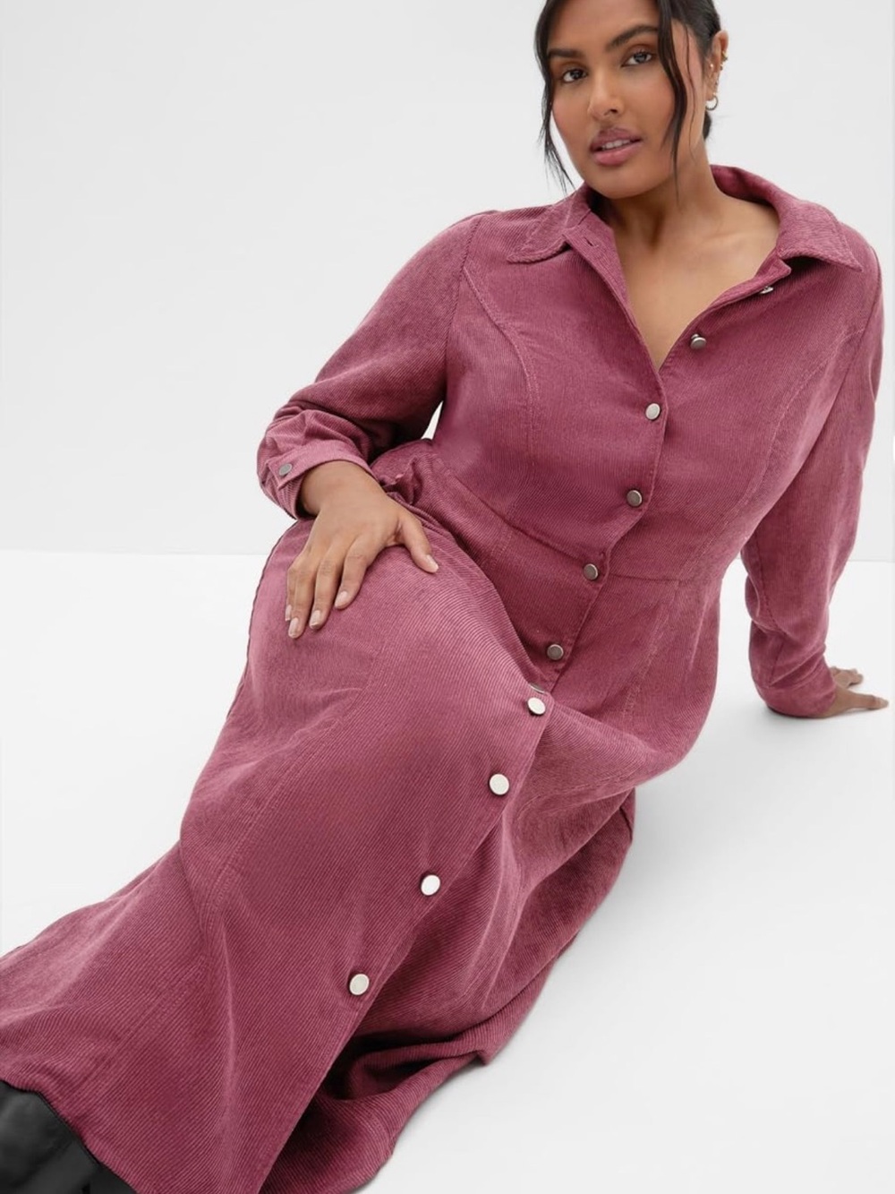 City Chic Rose-Mauve Corduroy Midi Button-Front Dress